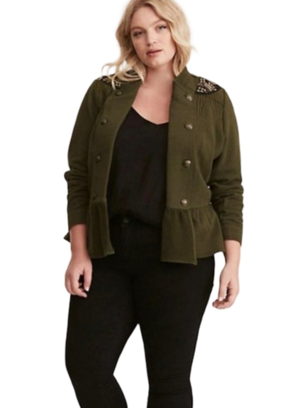 torrid Olive Green Peplum Military-Style Blazer with Embellished Shoulders